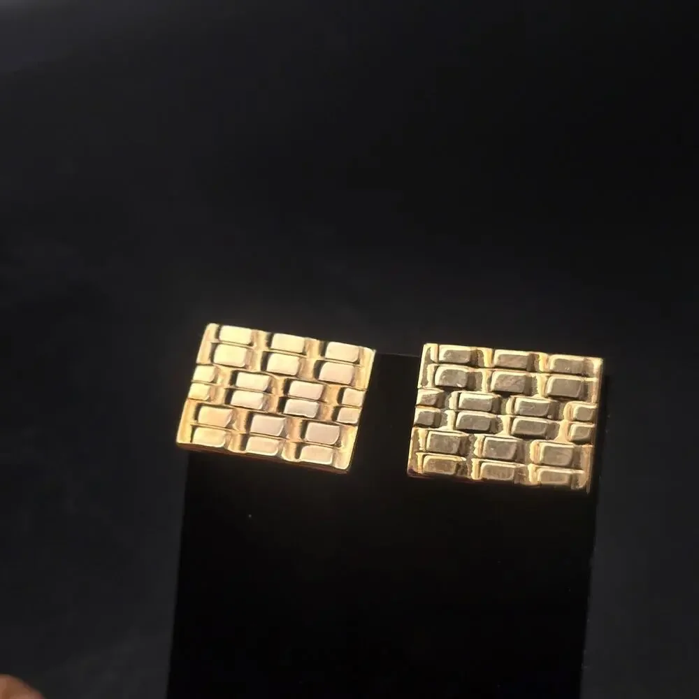Gold Tone Rectangle Cufflinks Textured Brick Lattice Woven